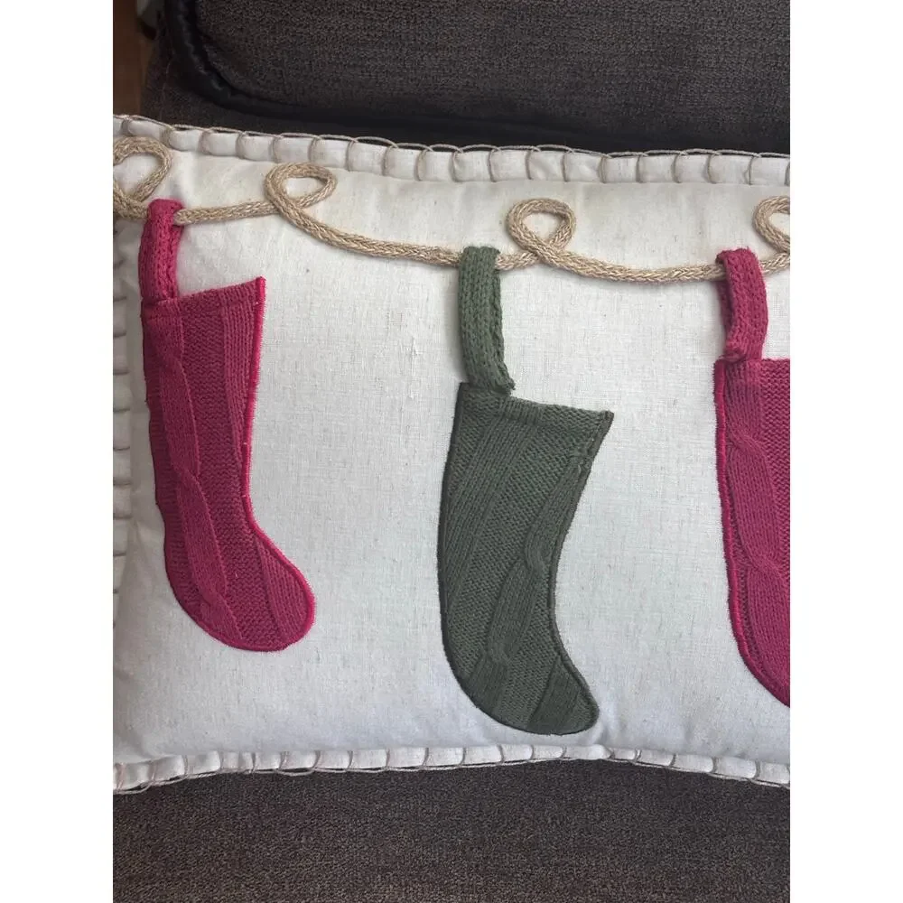 Pier 1 Christmas Throw Pillow Hanging Stockings Holiday Decor Approx 20x13 FLAW